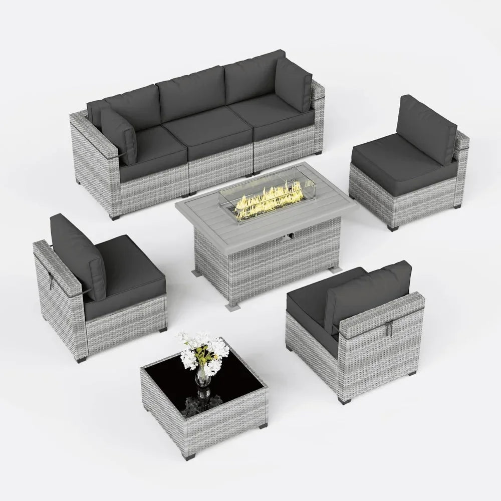 8-Piece Patio Furniture Set With Fire Pit Table, Seat Cushions Light Grey Outdoor Modular Wicker Conversation Set