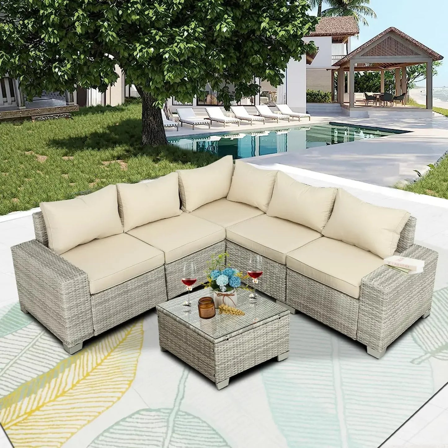 Outdoor Terrace Furniture Set, Terrace Furniture Set Including Combination Sofa, 5 Pieces Excluding Table
