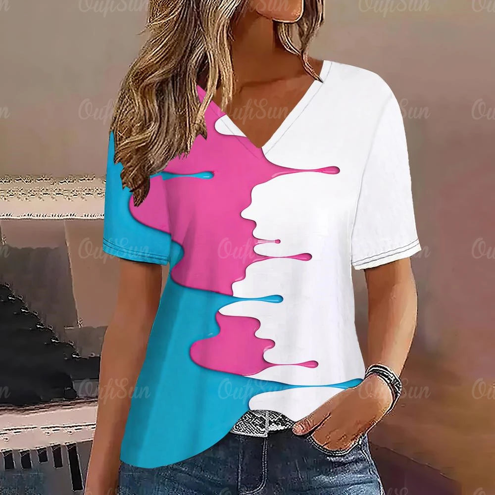 Gradient V Neck Short Sleeve T-Shirt Fashion Women T Shirt Print Basic Tops Streetwear Summer Oversized Clothing Female T-Shirts