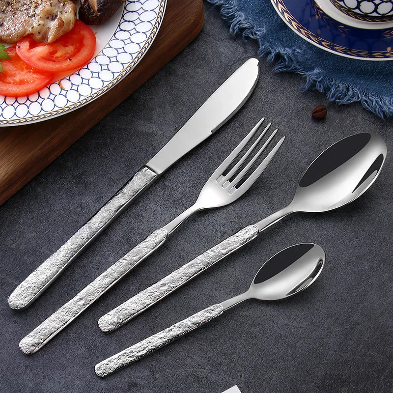 Stone Pattern Handle Stainless Steel Western Dining Spoon Knife Fork Creative Cutlery Set Tableware Kitchen For Home Household
