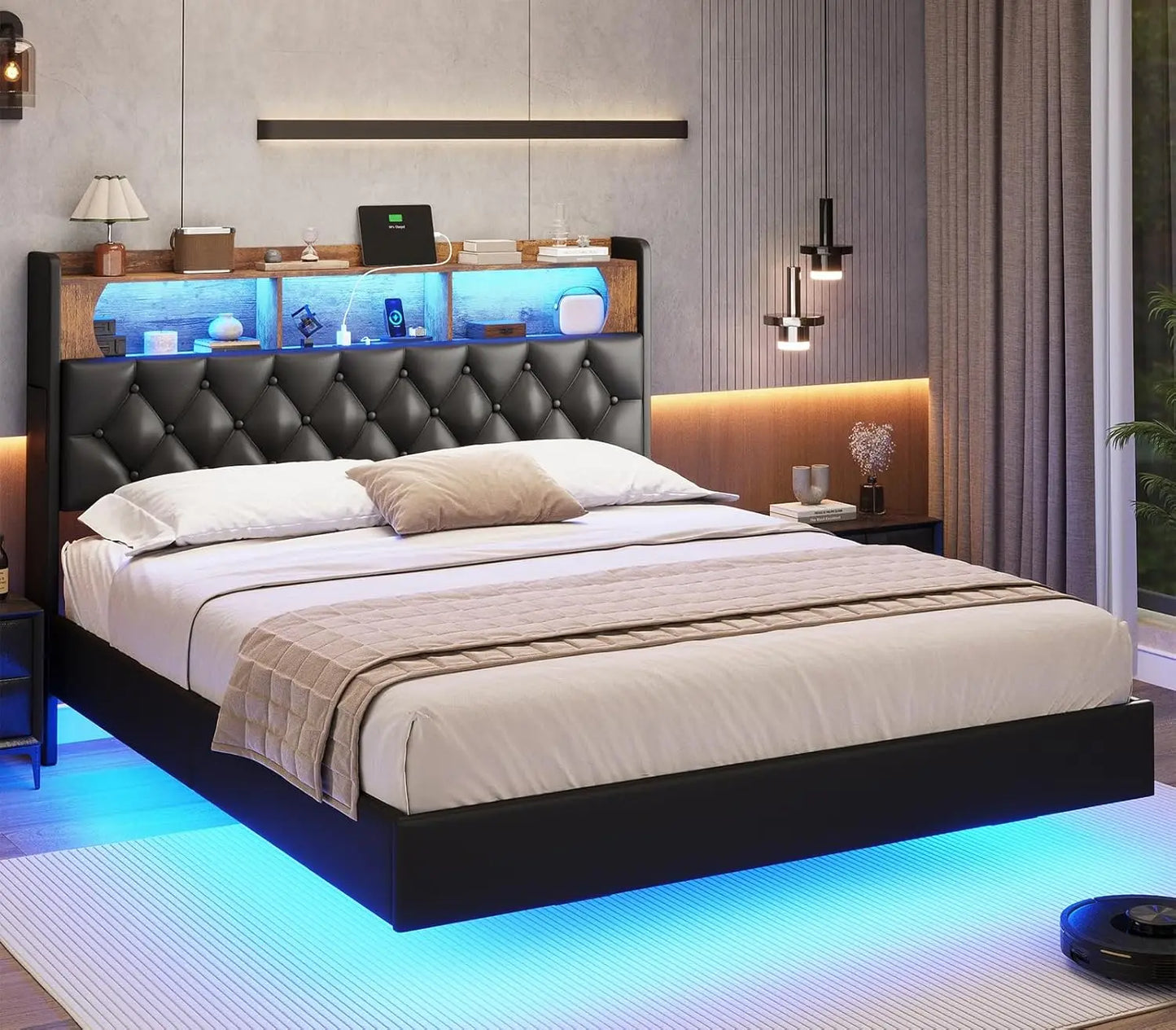 Full Bed Frame with LED Lights & Storage Headboard, Floating Platform Bed with Charging Station, Modern LED Floating Bed