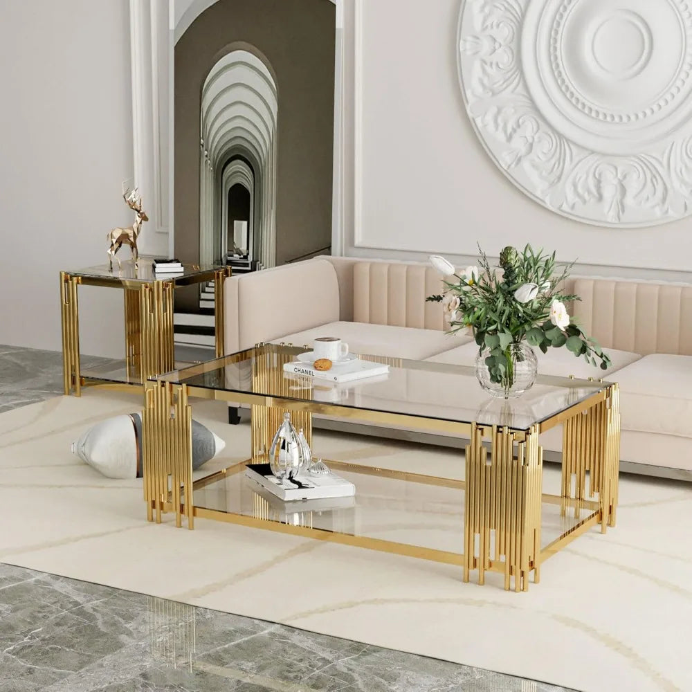 Glass Coffee Table Modern Living Room Table Gold Stainless Steel Metal Leg 51" Rectangular Clear Tempered