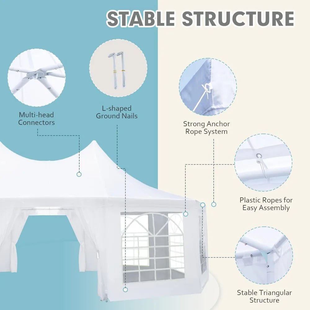 Party Tent, White Wedding Tent, Decagonal Heavy Duty Canopy with 8 Removable Sidewalls, 8 Church Windows and 2 Pull-Back Doors