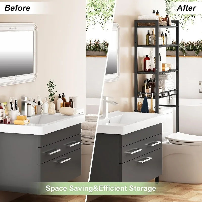 Over-The-Toilet Storage Rack,Bathroom Organizer Shelf Over Toilet with Adjustable Shelf and Basket, BathroomShelves Above Toilet