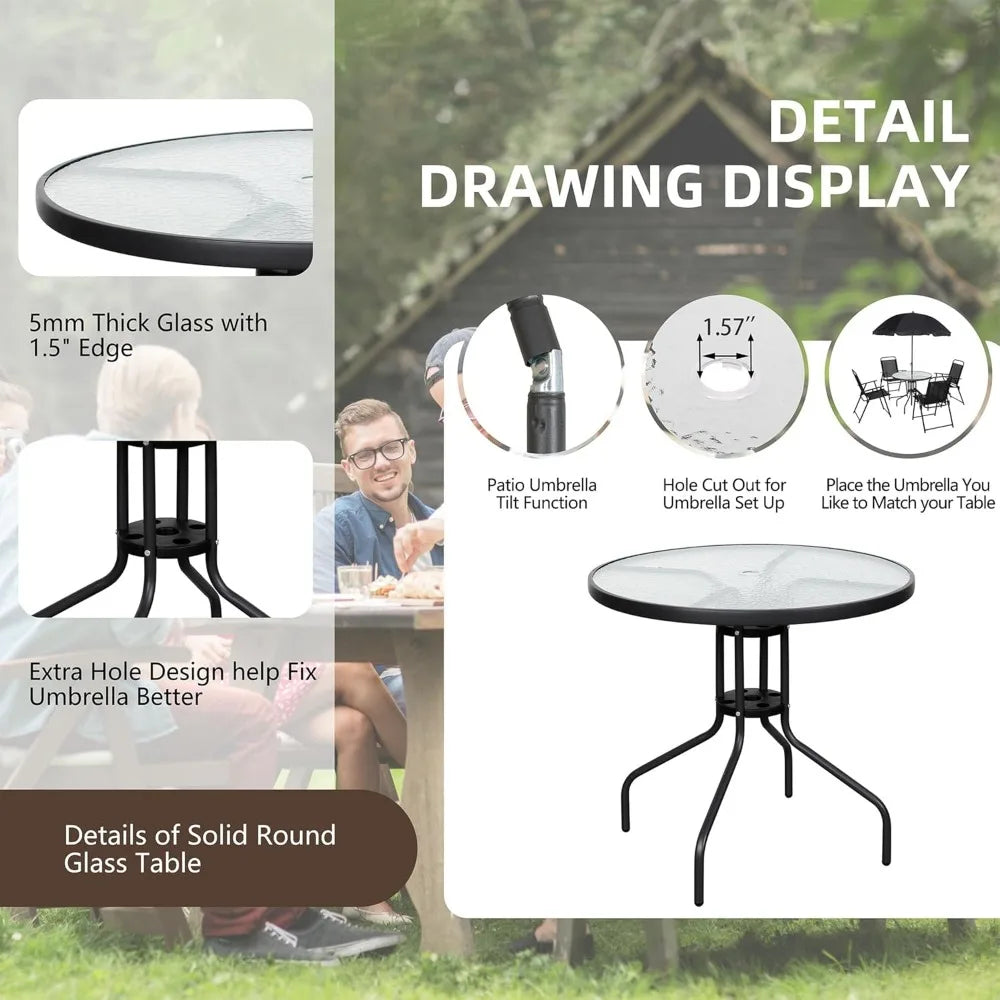 6 Piece Patio Dining Set, Small Metal Outdoor Garden Patios Table and Chair with Umbrella, Folding Patio Dining Set