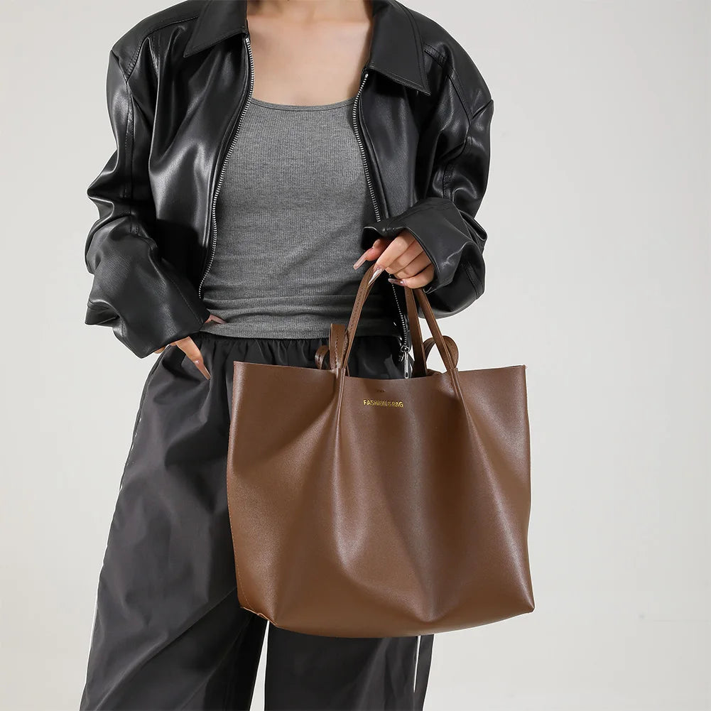 Women PU Shoulder Bag Stylish Single Shoulder Bag Large Capacity Trendy Tote Handbag with Pouch Chic Hobo Bag Simple Work Bag