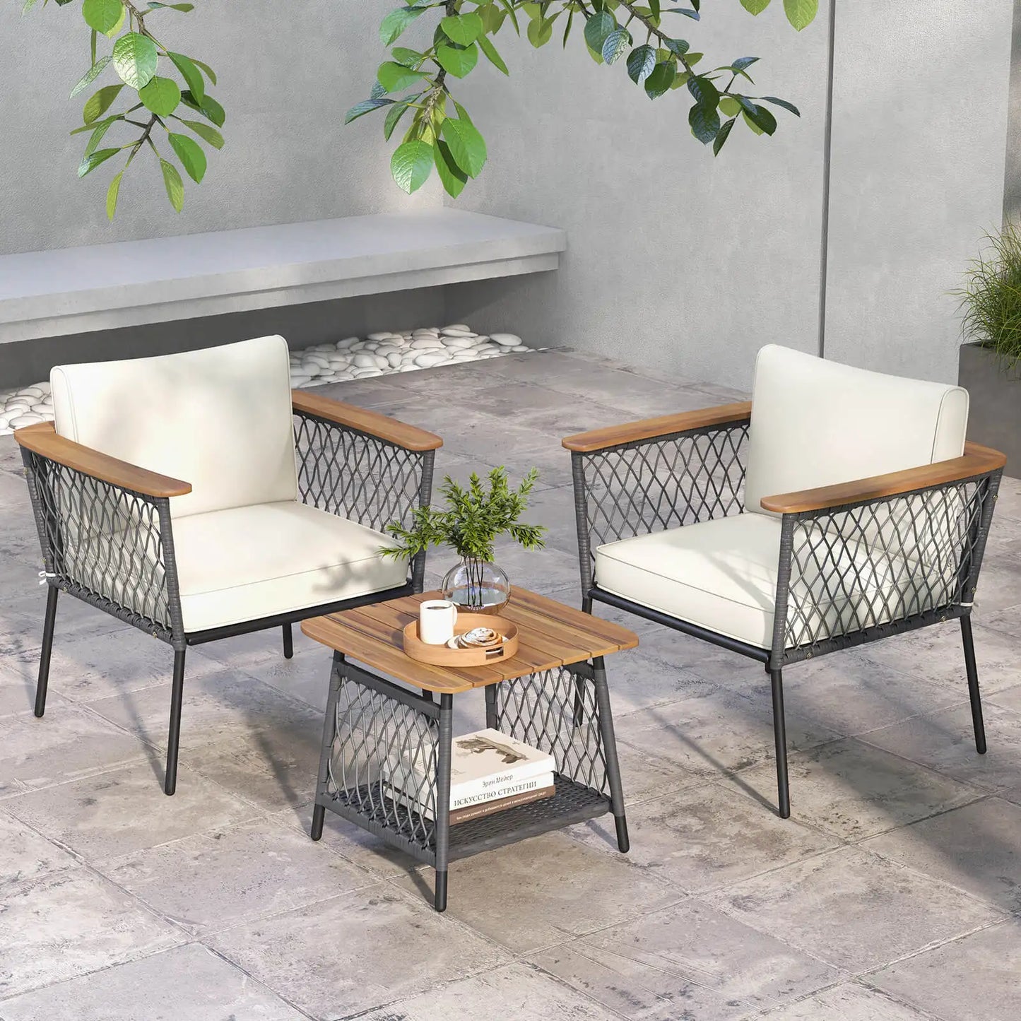 3 PCS Patio Furniture Set with 2-Tier Coffee Table Acacia Wood Armrests Tabletop