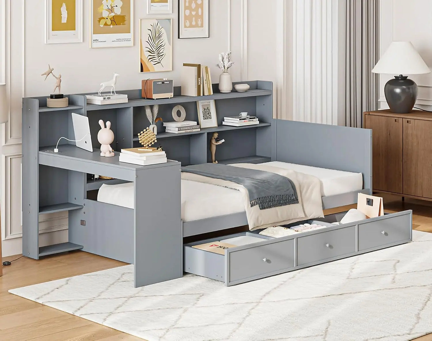 Full Size Corner Bed Frames with Desk and 3 Storage Drawers USB Port Shelves Headboard, Pinewood U-Shaped Captain Daybed