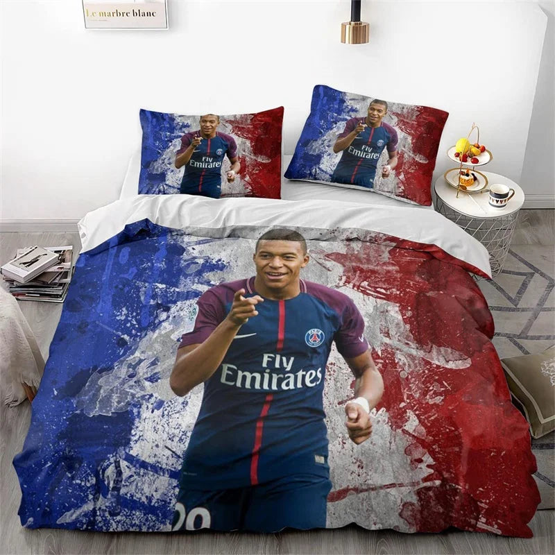 Soccer Star Kylian Mbappe Bedding Set, 3 Piece, Cartoon Themed Duvet Cover, Breathable Microfiber Material and Pillowcases Gift