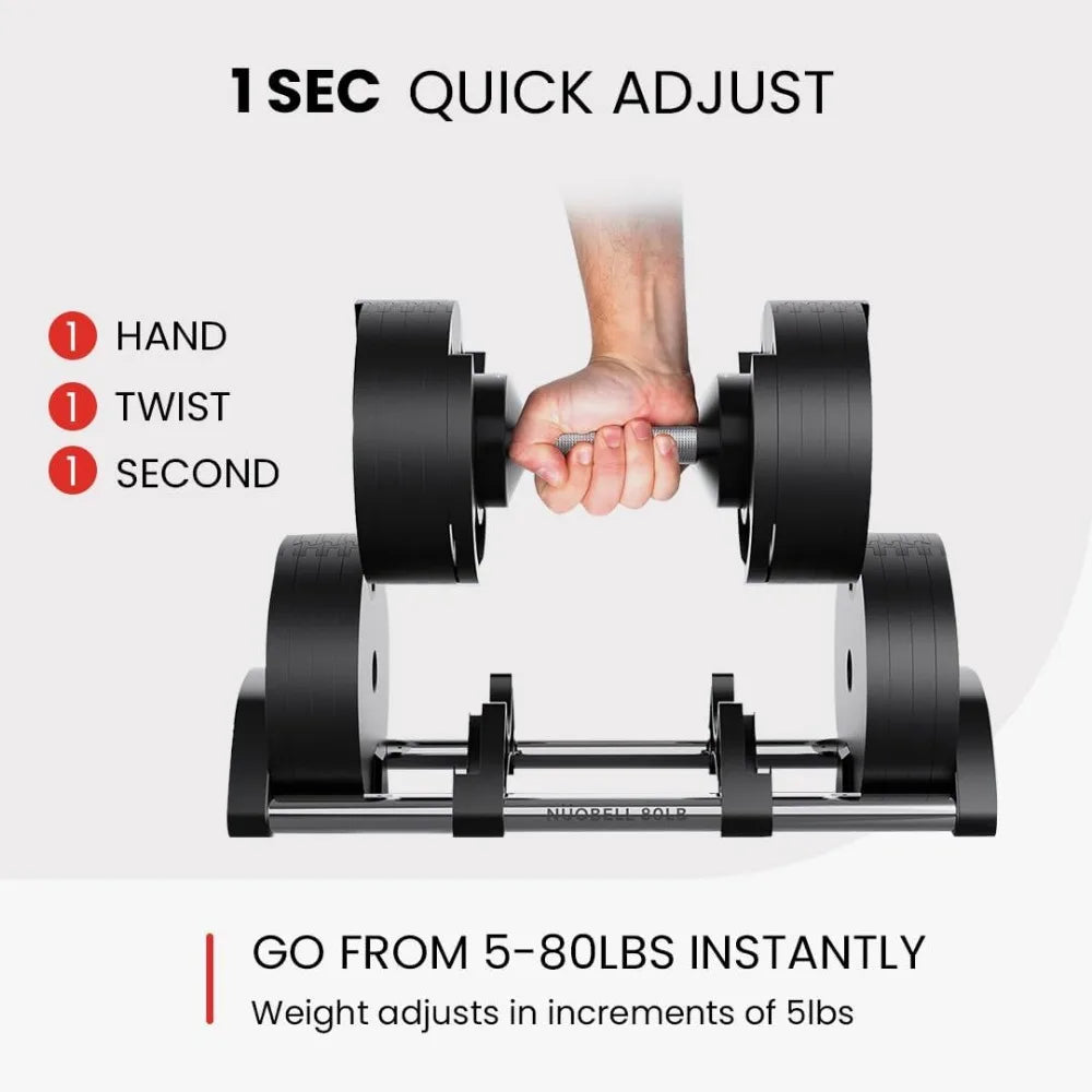 Adjustable Dumbbells Pair 5-80 lbs: Dumbbell Set to Replace 16 Sets of Dumbbells. Add Nuobell Dumbbells 80lb and Free Weights