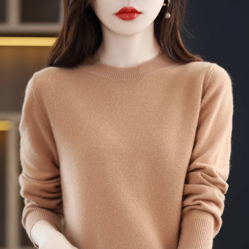 100% pure wool cashmere sweater women's O-neck pullover casual knit top autumn and winter women's coat Korean fashion