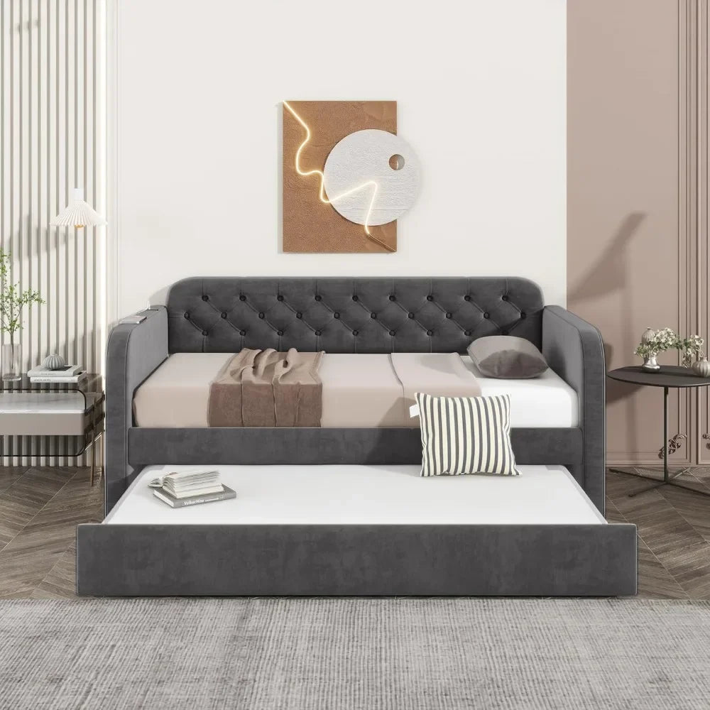 Upholstered Velvet Daybed with Trundle and USB Charging Port - Button Tufted Sofa Frame, No Box Spring Needed, for Bedroom