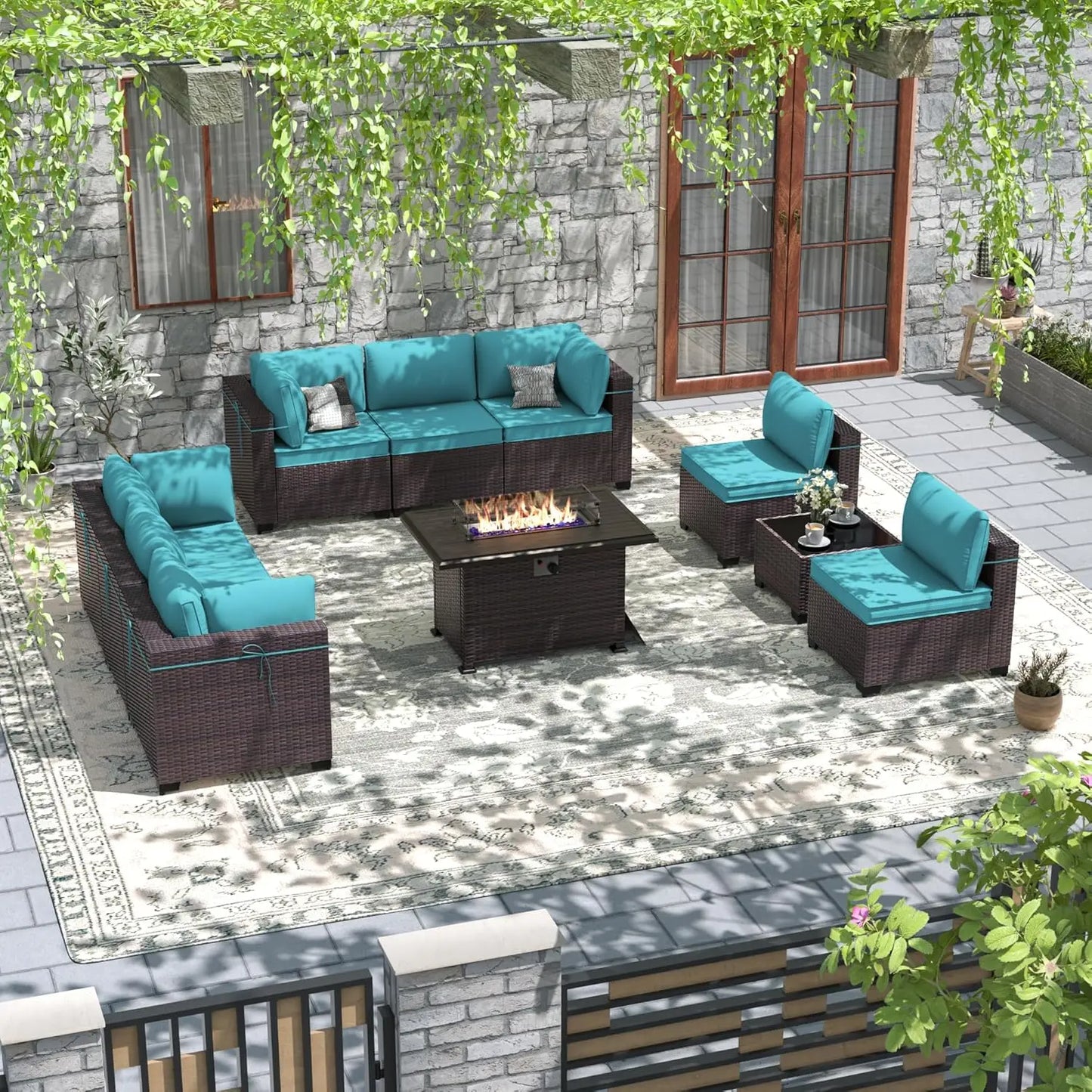 Patio Furniture Modularwith Swivel Chairs Outdoor Sectional Wicker Rattan w/Fire Pit Conversation Sofa Set for Backyard