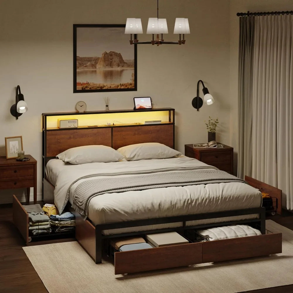 Bed Frame with Storage Headboard and 4 Drawers Bed Frame Size with Charging Station LED Lights Metal Platform Non-Sl