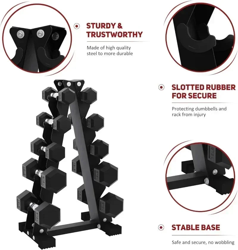 Rubber Coated Hex Dumbbell Free Hand Weight Set w/Storage Rack Multiple Options High quality solid cast dumbbell encased