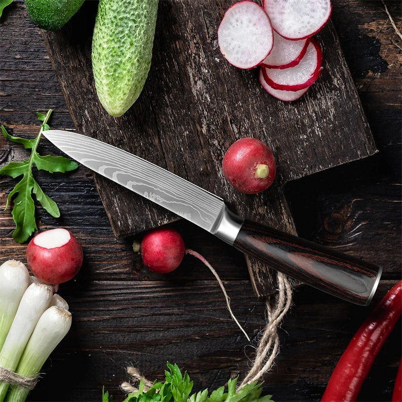 Utility Knife, 5 Inch Fruit Knife, Chef's Knife, With ergonomic colorful wooden handle for cooking meats, fruits and vegetables