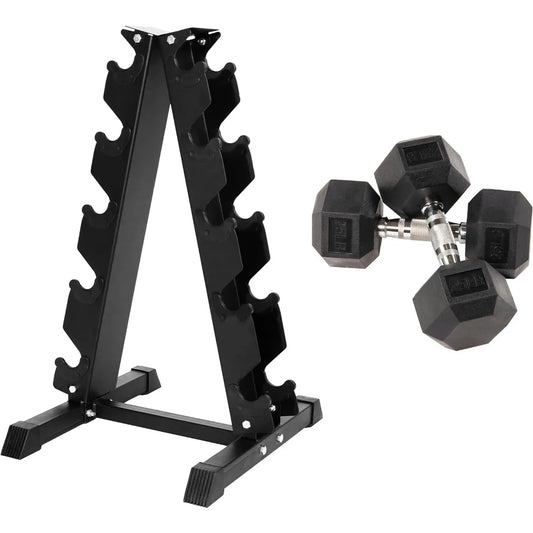 Rubber Encased Hex Dumbbell with Rack