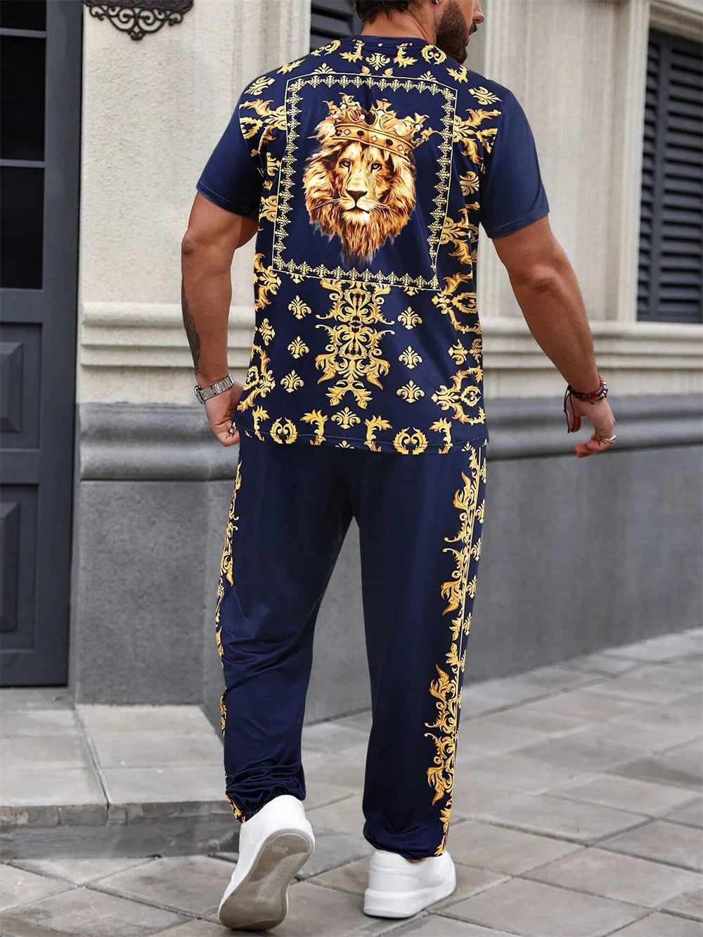 Summer Men's Short Sleeve And Trousers Lion Print Luxury Retro Casual Style Men's Suit Trend Pants And Short Sleeve 2 Piece Set