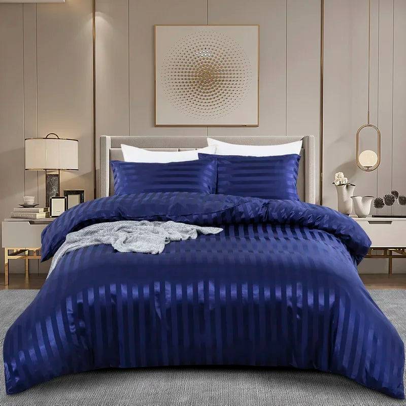 Satin Striped Duvet Cover Twin/Full/Queen/King/Single/Double Size Set, Luxury Silky Like Khaki Stripe Duvet Cover Bedding Set