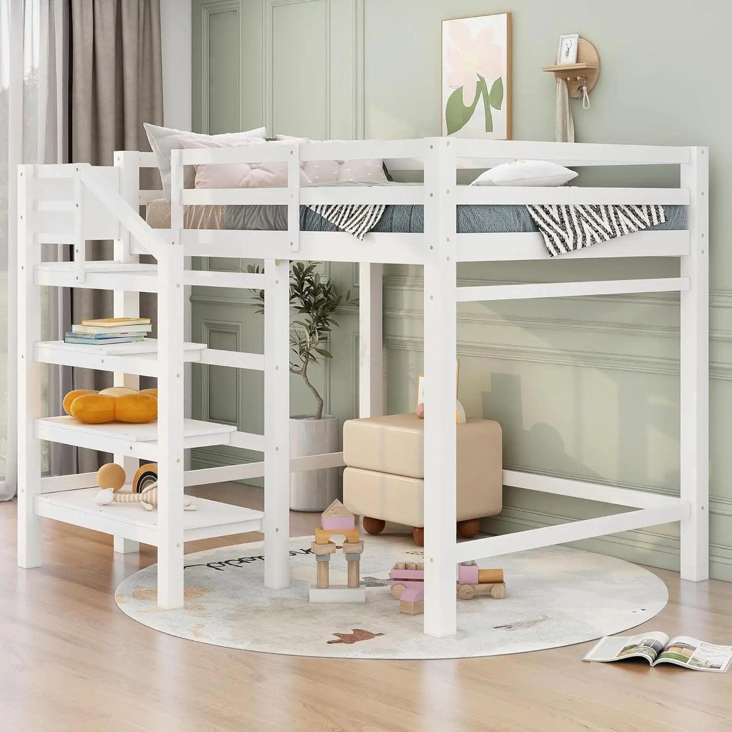 Loft Bed,Full Size Loft Bed with Storage Staircase and Hanger for Clothes, High Loft Bed Frame for Kids Teens Girls Boys Bedroom