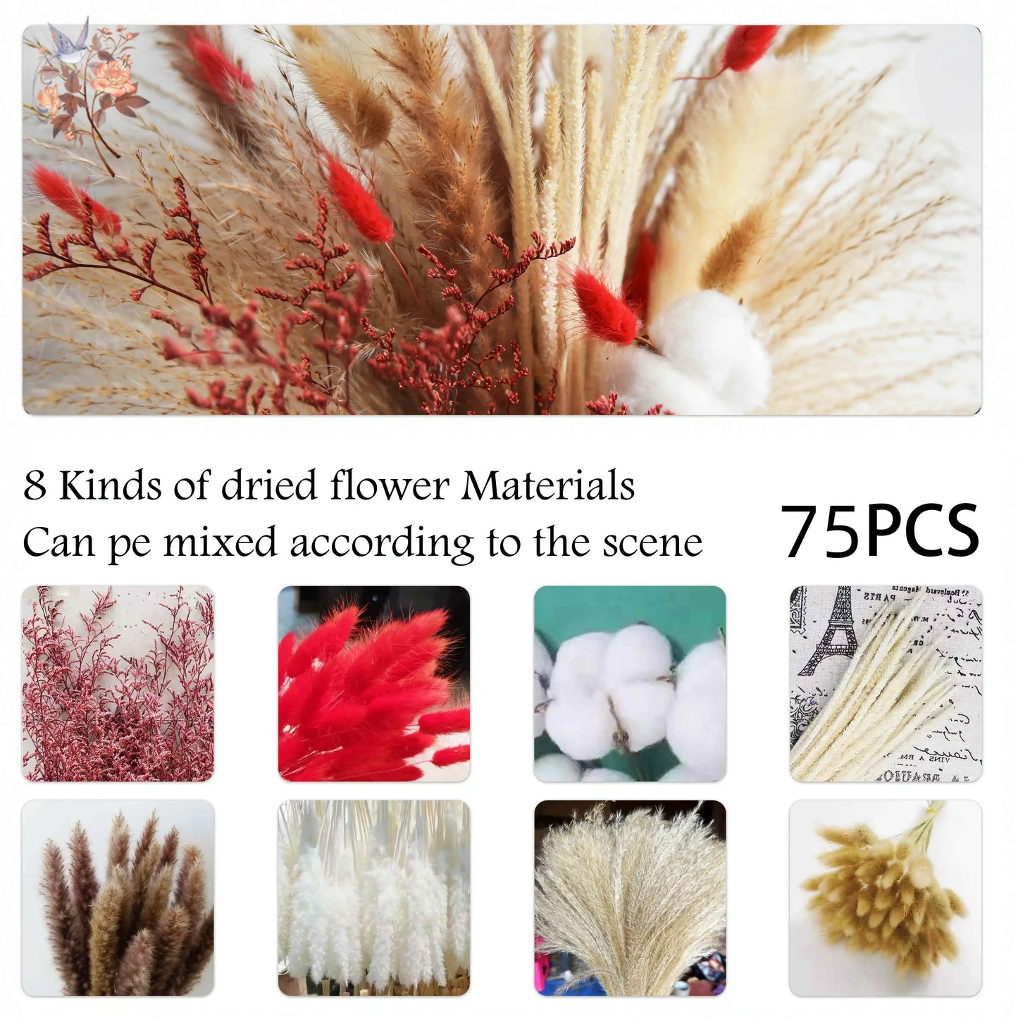 Natural Pampas Grass Bouquet Red Dried Flowers Decor Wedding Floral Arrangement Cotton Reeds DIY Home Bedroom Vase Decoration