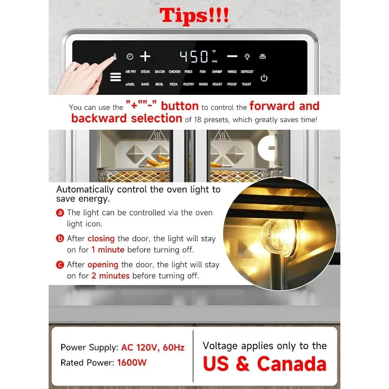 Air Fryer 15.8 Qt,French Door Toaster Oven Combo Compact Countertop Design 1 Light, Easy Clean, Simple Panel,Multi Cooking