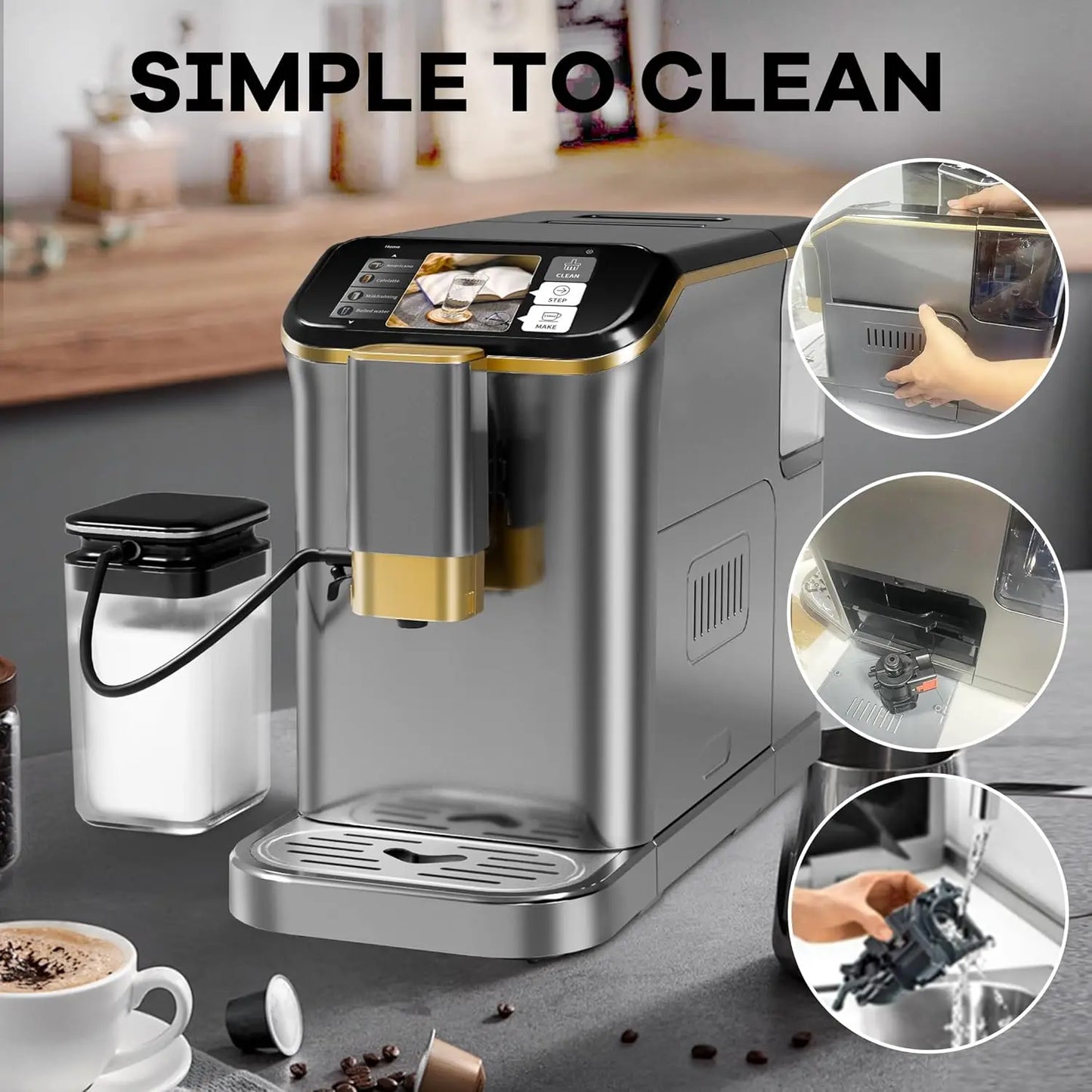 Grey Gold Fully Automatic Espresso Machine, 20 Bar Coffee Machine with Grinder & Automatic Milk Frother, One-Touch Control Panel