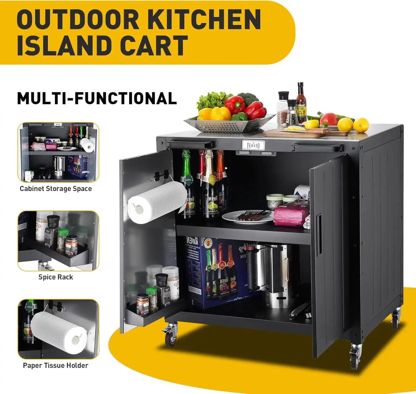 Cart Grill Cart with Storage Cabinet,Modular Outdoor Kitchen Island, Outdoor Grill Station with 304 Stainless Steel Top,Pizza Ov