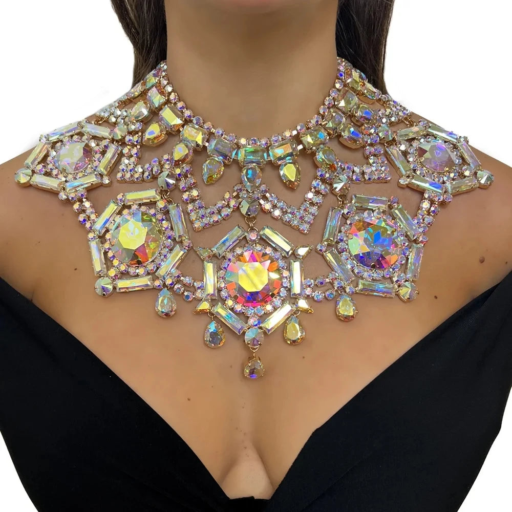 Exaggerated Necklace Choker Set Earring Costume Chunky Statement Big Necklace Jewelry Festival Crystal Drag Queen Carnival