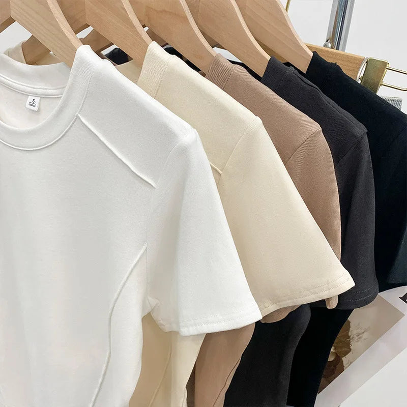 Solid color round Tops neck short sleeved slim fit T-shirt for women 2025 summer new western-style short shoulder shirt T-Shirt