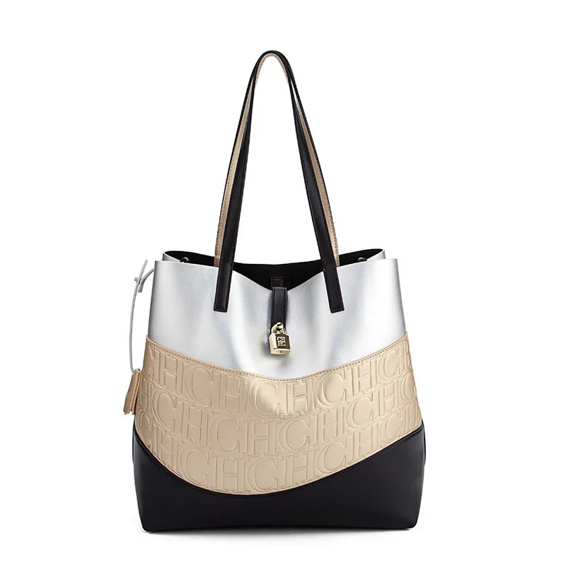 CH Versatile Trend Tote Bag Leather Solid Color Splicing Large Capacity Crossbody Bag Simple Fresh Style Commuting Shoulder Bag