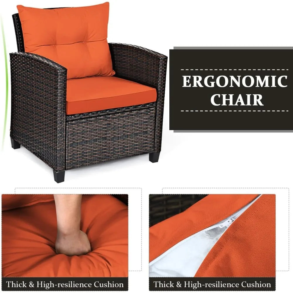 3 Piece Patio Furniture Set, Wicker Bistro Conversation Set w/2 Cushioned Armchairs & Glass Topped Table, Outdoor Rat