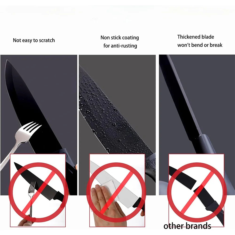 A set of 7 kitchen knives, a set of stainless steel black knives, professional chef's knife, acrylic stand, kitchen accessories