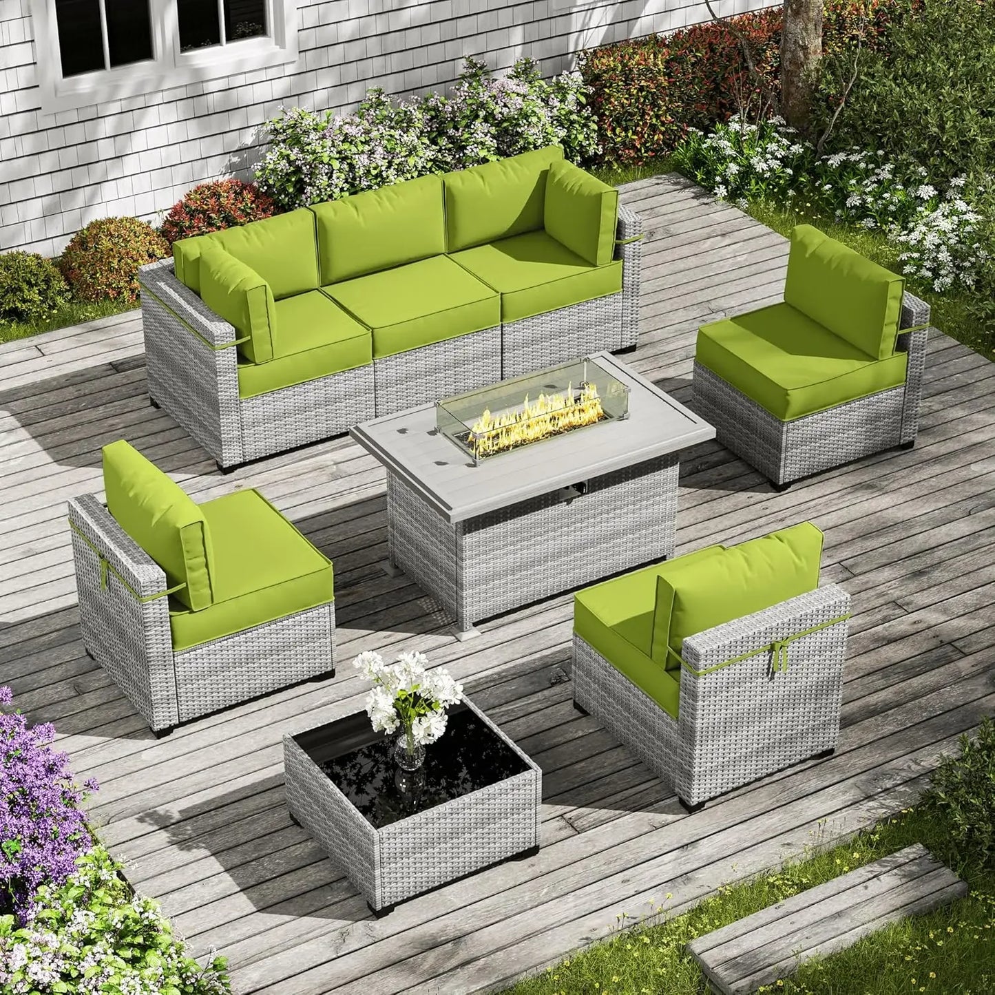 8-Piece Patio Furniture Set With Fire Pit Table, Seat Cushions Light Grey Outdoor Modular Wicker Conversation Set