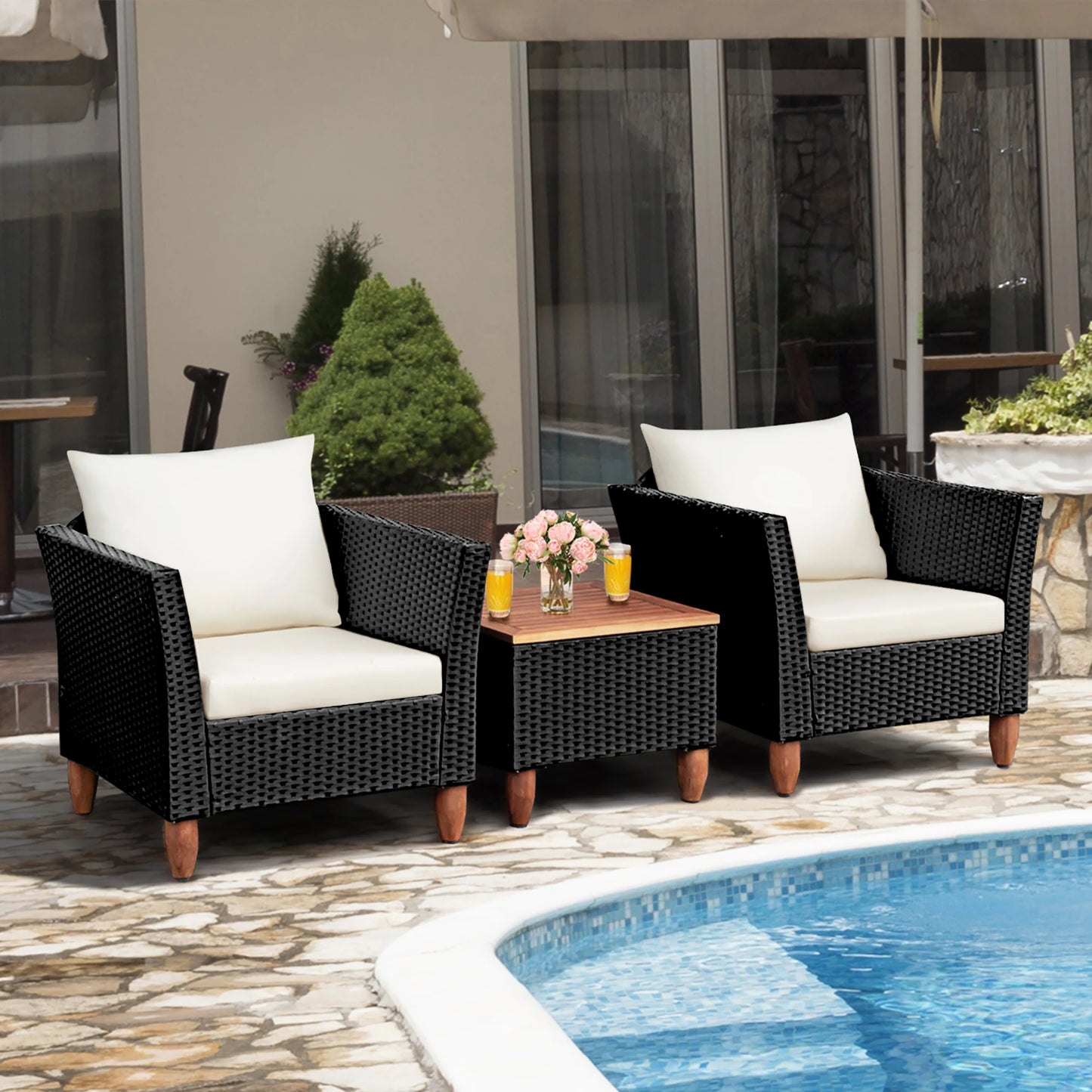 3PCS Outdoor Patio Rattan Furniture Set Wooden Table Top Cushioned Sofa Black