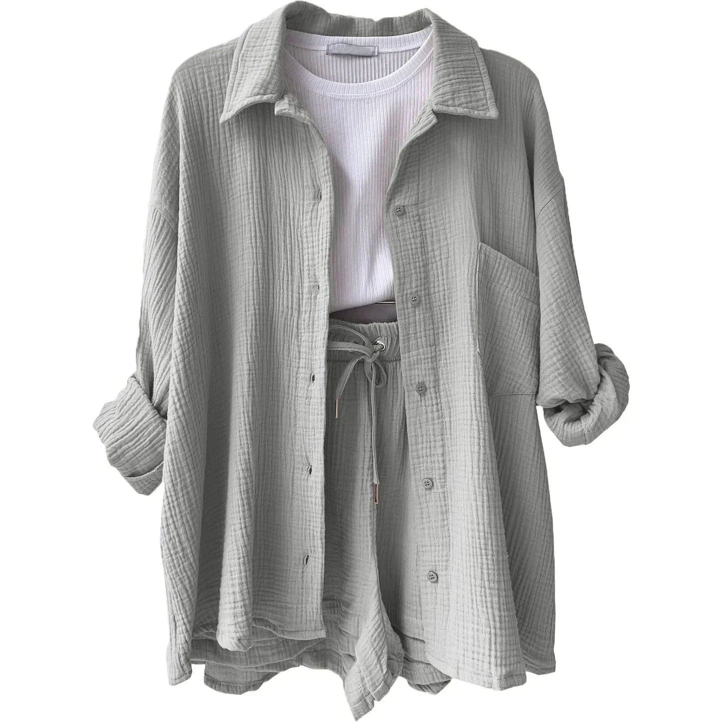 Summer Women's 2-piece Set White Long Shirt High Waisted Shorts Sets Casual Women 2 Piece Set Outfit Streetwear Female Clothing
