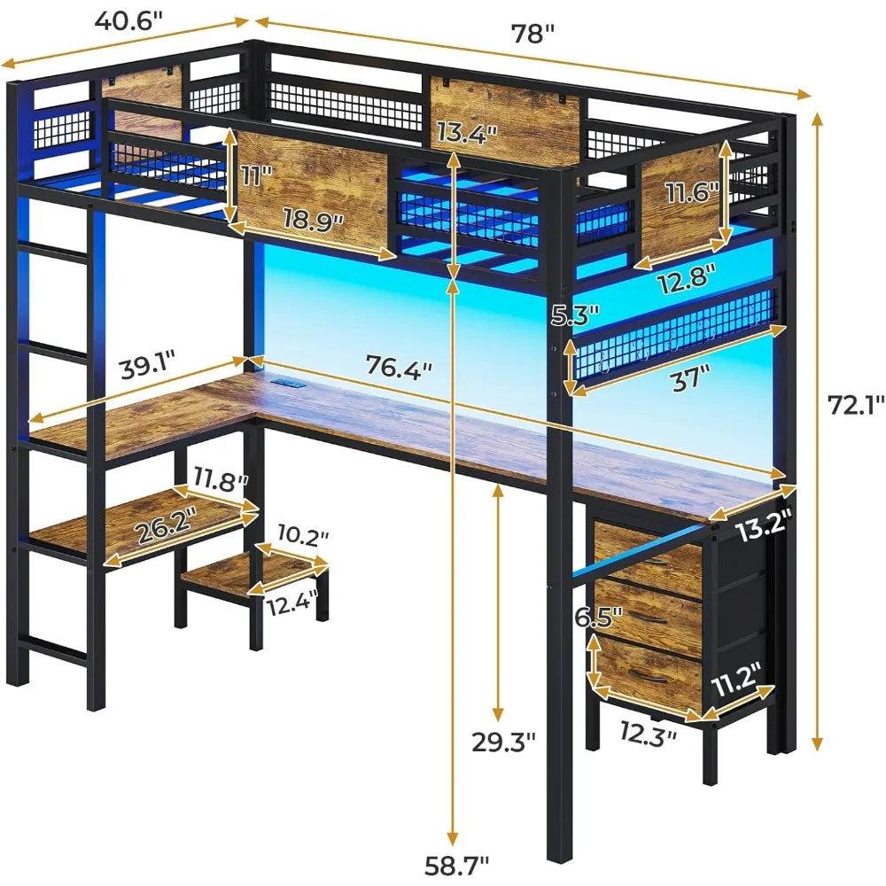 Loft Bed Twin Size with L-Shaped Desk, LED Lights,Charging Station, Twin Metal Loft Bed Frame with Fabric Drawers & Shelve,13.4H