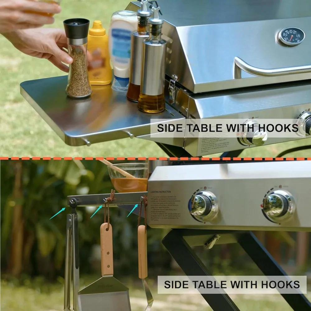 Foldable Cart & Side Table, Stainless Steel Flat Top Gas Grill Griddle Stove with Lid, for Outdoor Cooking Patio Backyard
