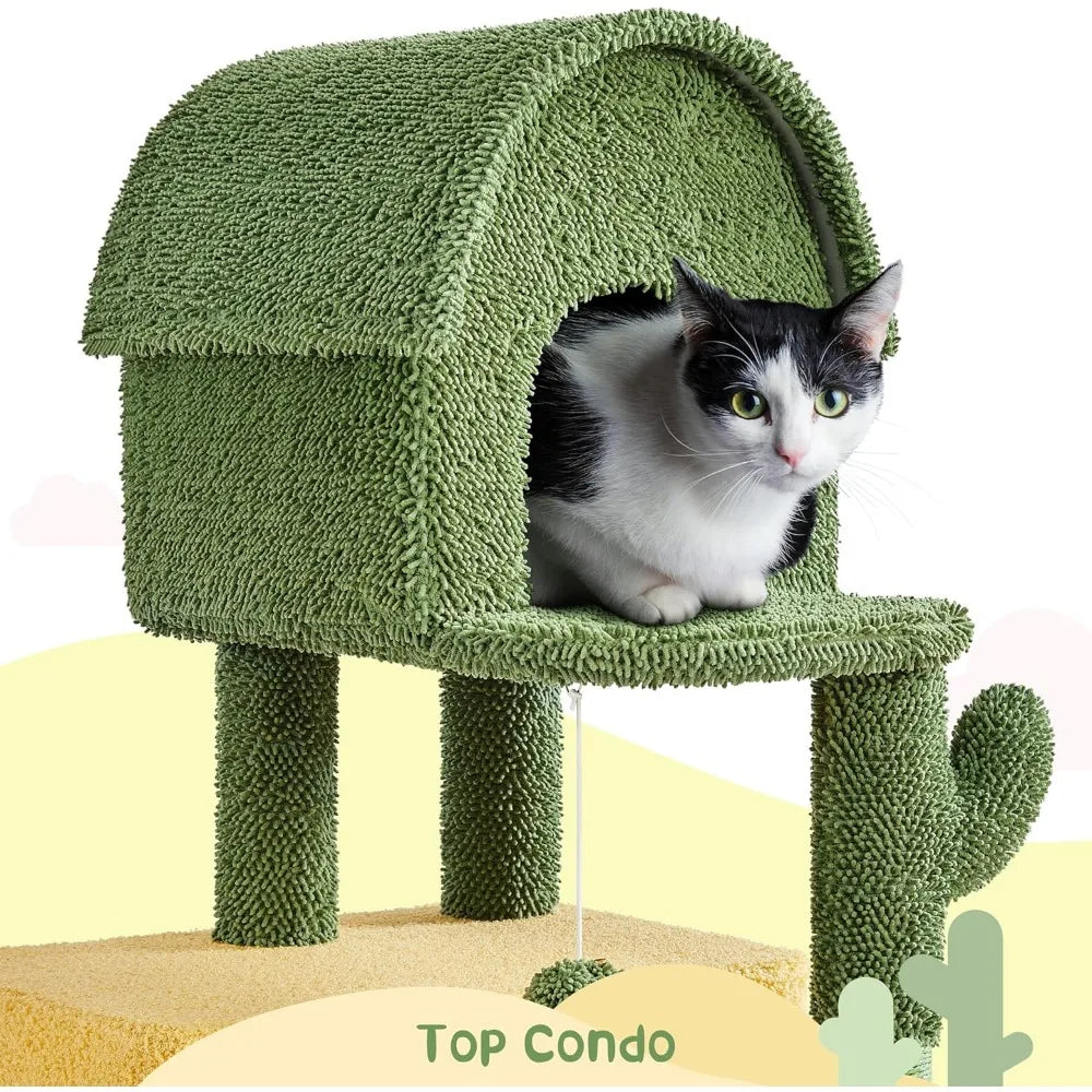 Cactus Cat Tree Large Cat Tree for Indoor Cats, Multi-Level Cat Tower with 2 Large Condo Scratching Posts 2 Acrylic Clear Bowls