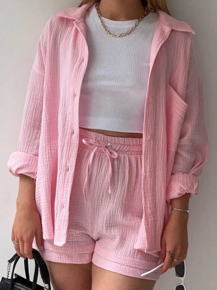 Summer Women's 2-piece Set White Long Shirt High Waisted Shorts Sets Casual Women 2 Piece Set Outfit Streetwear Female Clothing