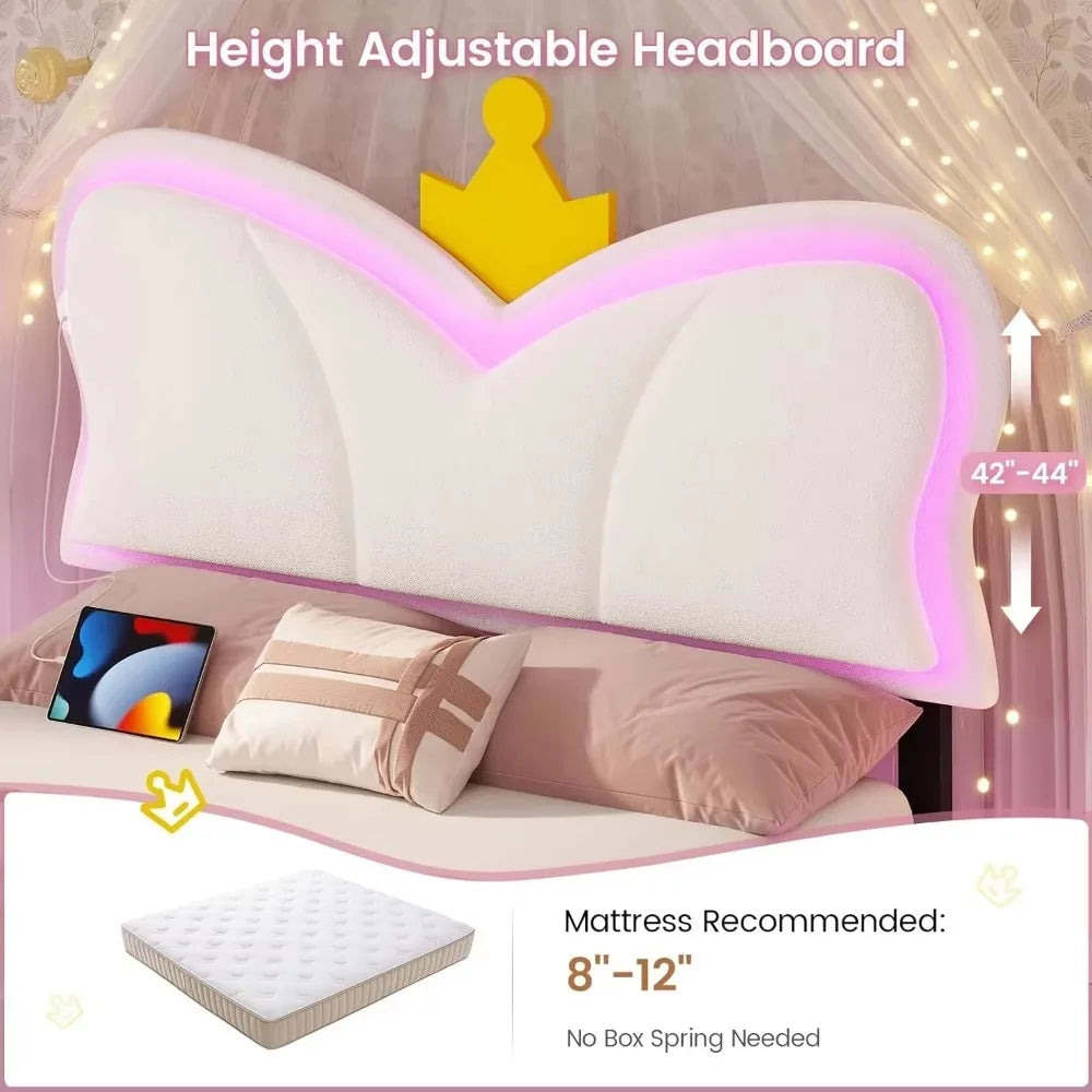 bedstead.Twin Bed Frames with LED Lights and Storage Drawer,Upholstered Bed Frame Twin Size with Height AdjustableCrownHeadboard
