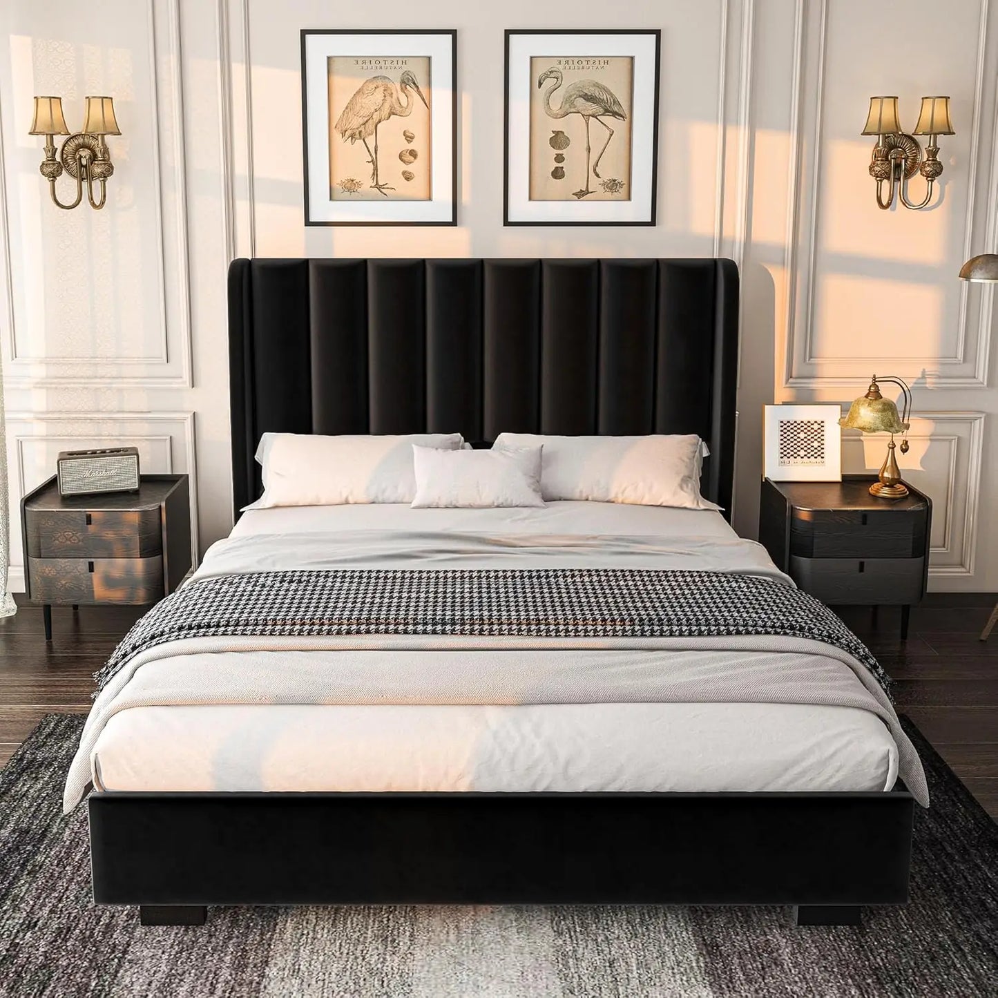 Bed Frame with 51.2" Tall Headboard, Velvet Wingback Tufted Design, Wood Slats Support, No Box Spring Required, Noise-Free