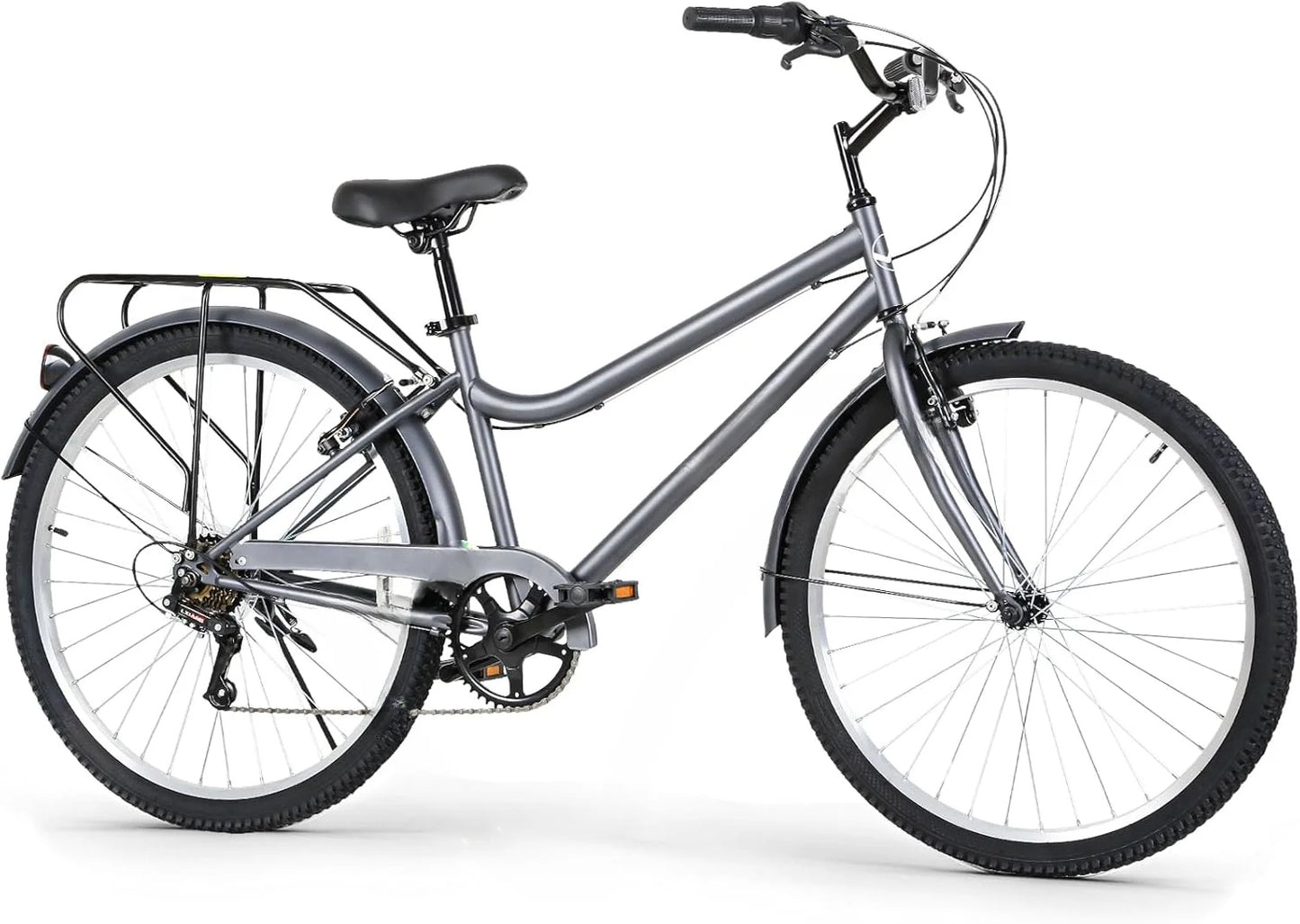 26 Inch Commuter Bicycle for Adult Men and Women, 7-Speed/High-Carbon Steel/Front & Rear Fenders, Comfortable City Bikes