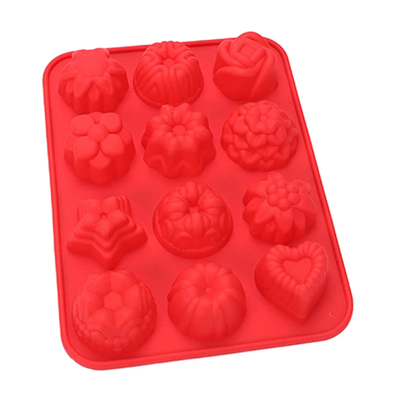 12 Holes Silicone Pastry Chocolate Molds For Oven Individual 3D Mini Dessert Flowers Heart Star Muffins Cupcake Baking Pan Tray