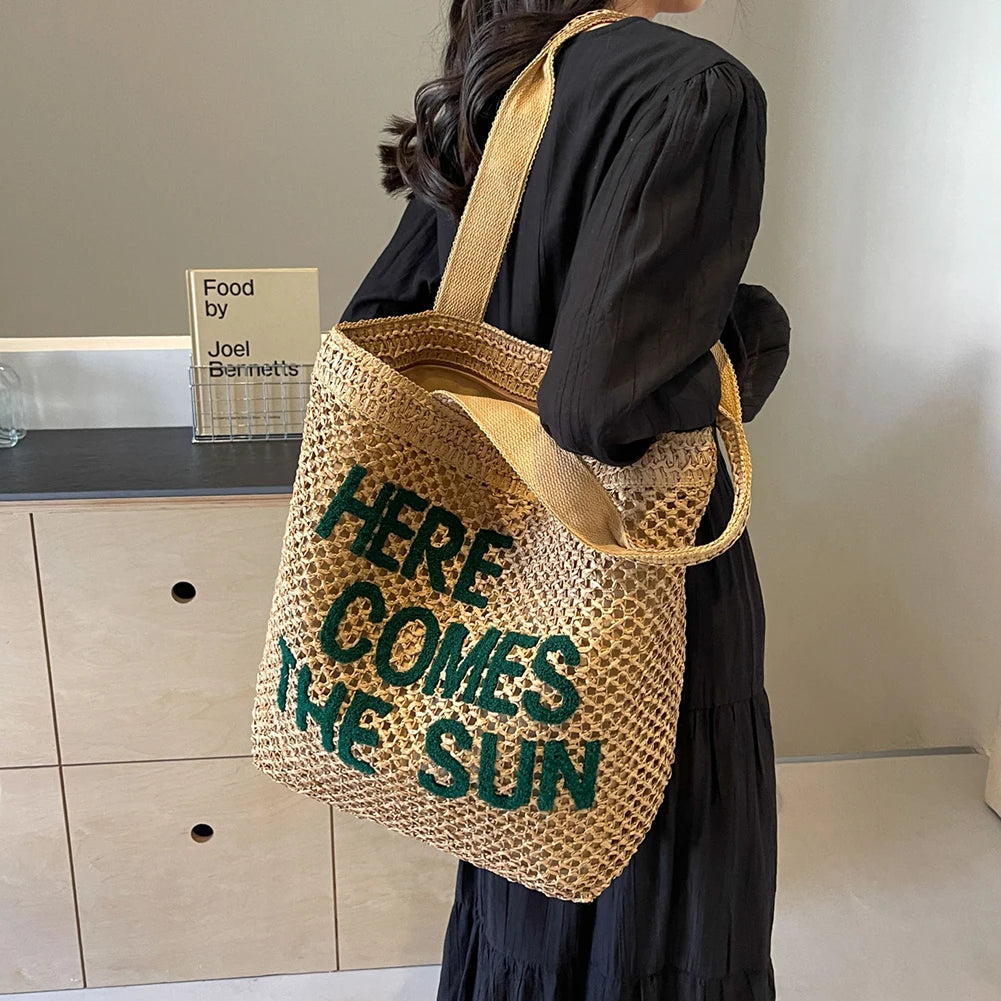 Fashion Hollow Out Straw Weaving Handbag Hand-Woven Beach Shoulder Bag Summer Large Capacity Tote Bag Women Crochet Underarm Bag