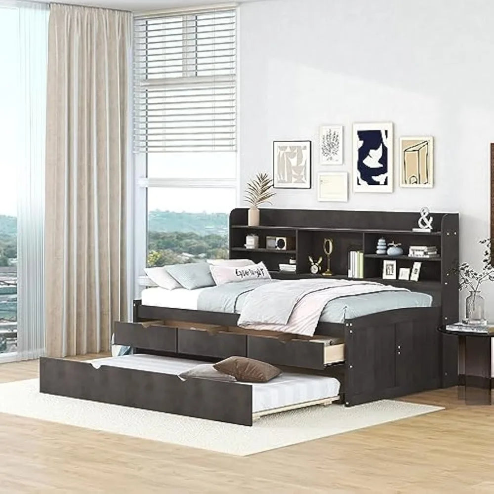 Twin Captain Bed, Twin Beds with Trundle and Storage Drawers Wood Daybed Frame Bookcase Headboard Slats Support for Boys Girls