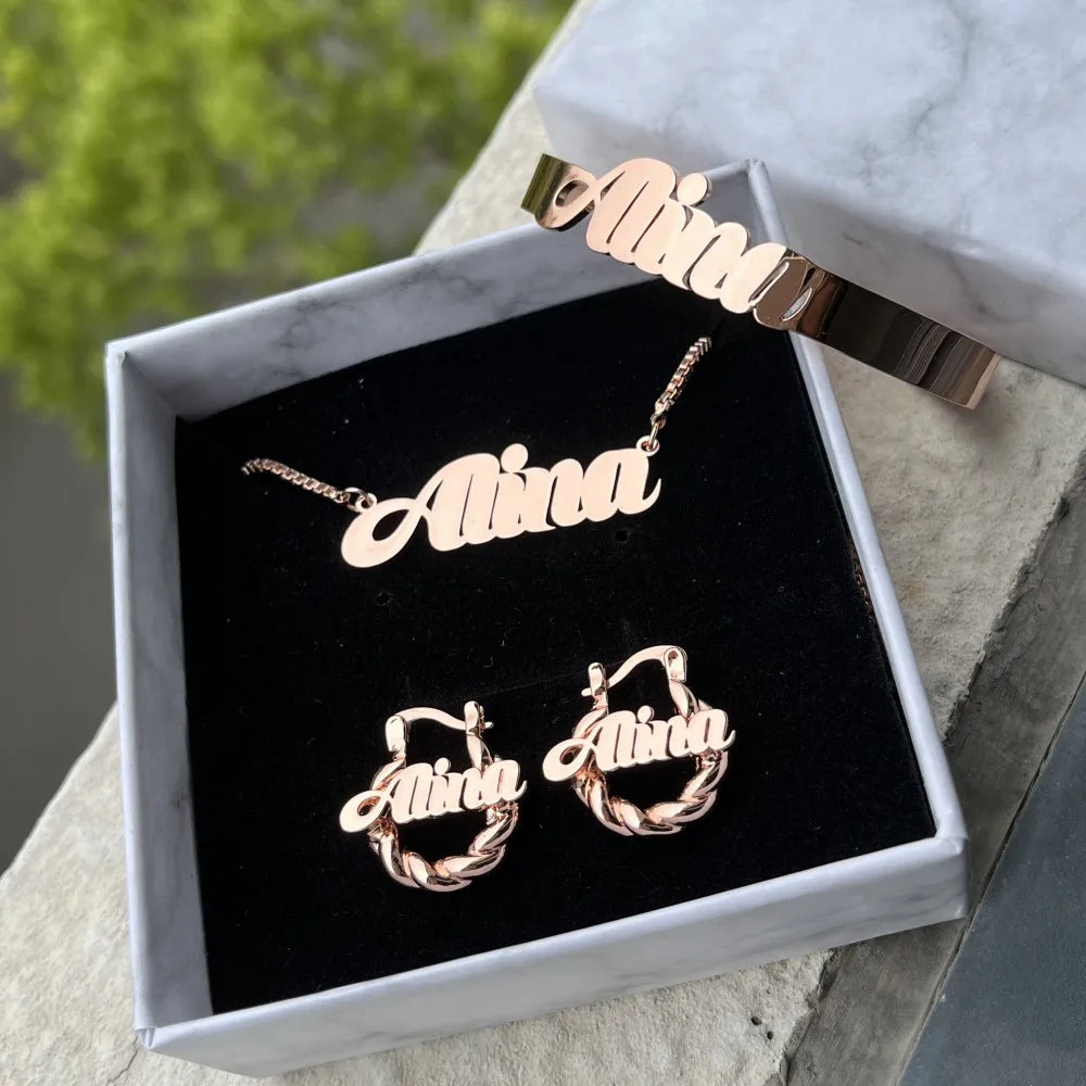 DUOYING Custom Name Jewelry Set Personalized Letter Necklace Customized Name Bangles Stainless Steel Mini Hoop Earrings 18mm
