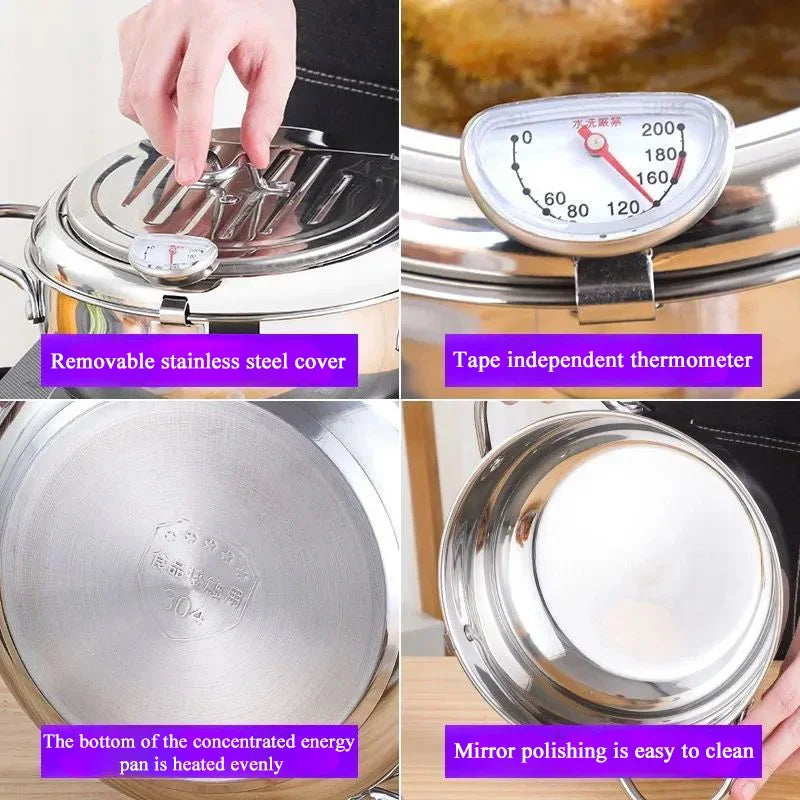 304 Stainless Steel Pan ,Tempura Fryer Pan, Japanese Deep Frying Pot with a Thermometer and a Lid， cookware ，20 /24 /28cm