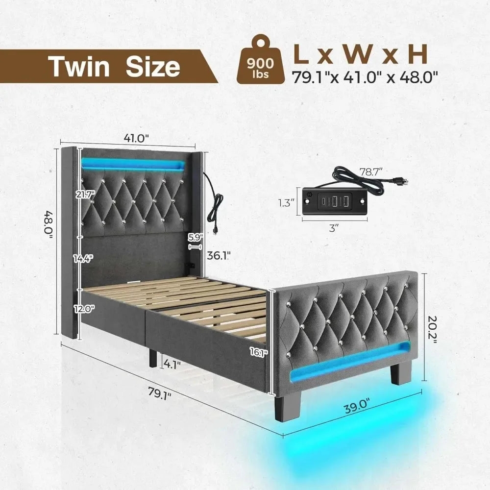 Twin Bed Frame with LED Light and Charging Station, Upholstered High Headboard and Footboard, Wood Slats, Noise Free