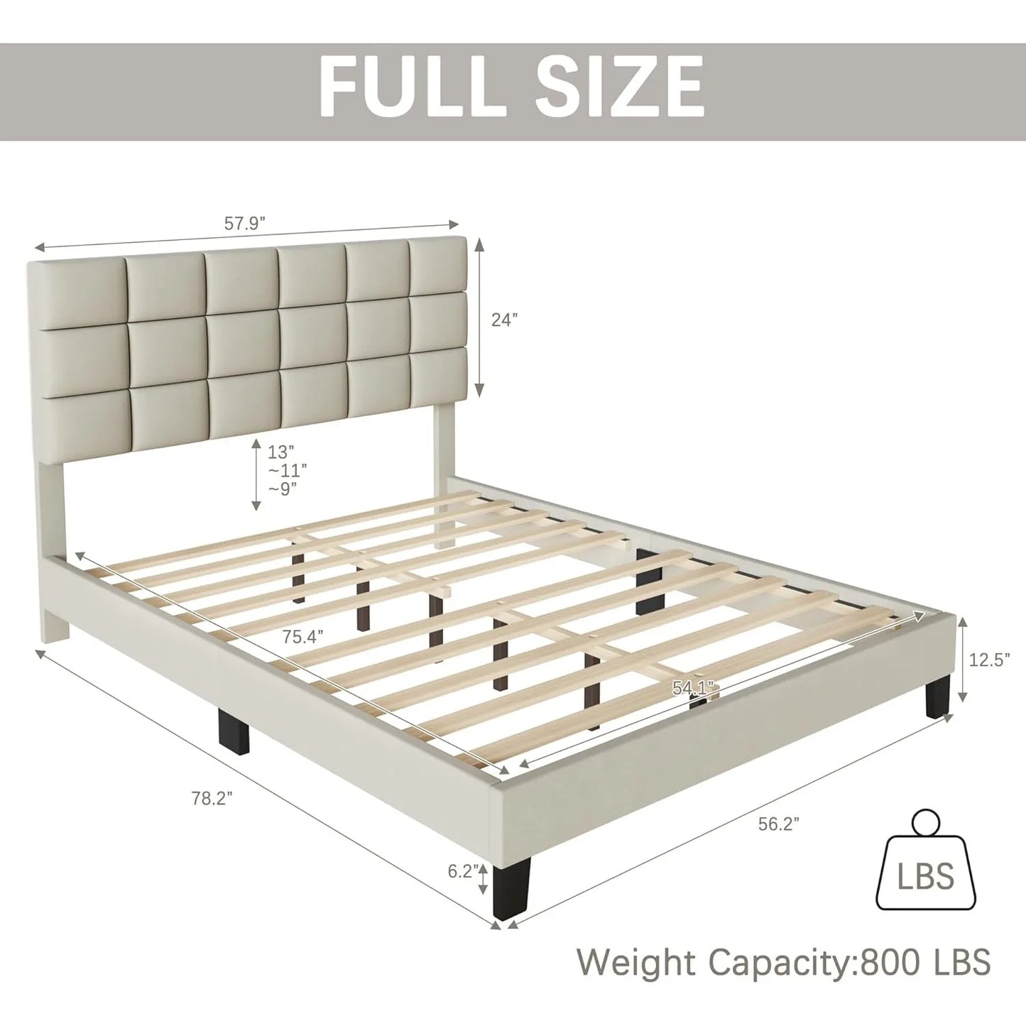 Full Bed Frame Upholstered Bed Frame Platform with Adjustable Headboard Linen Fabric Tufted Headboard Wooden Slats Support